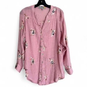 FIGUEROA & FLOWER Embroidered Button Blouse Top Office Boho Cottage Teacher Sz S